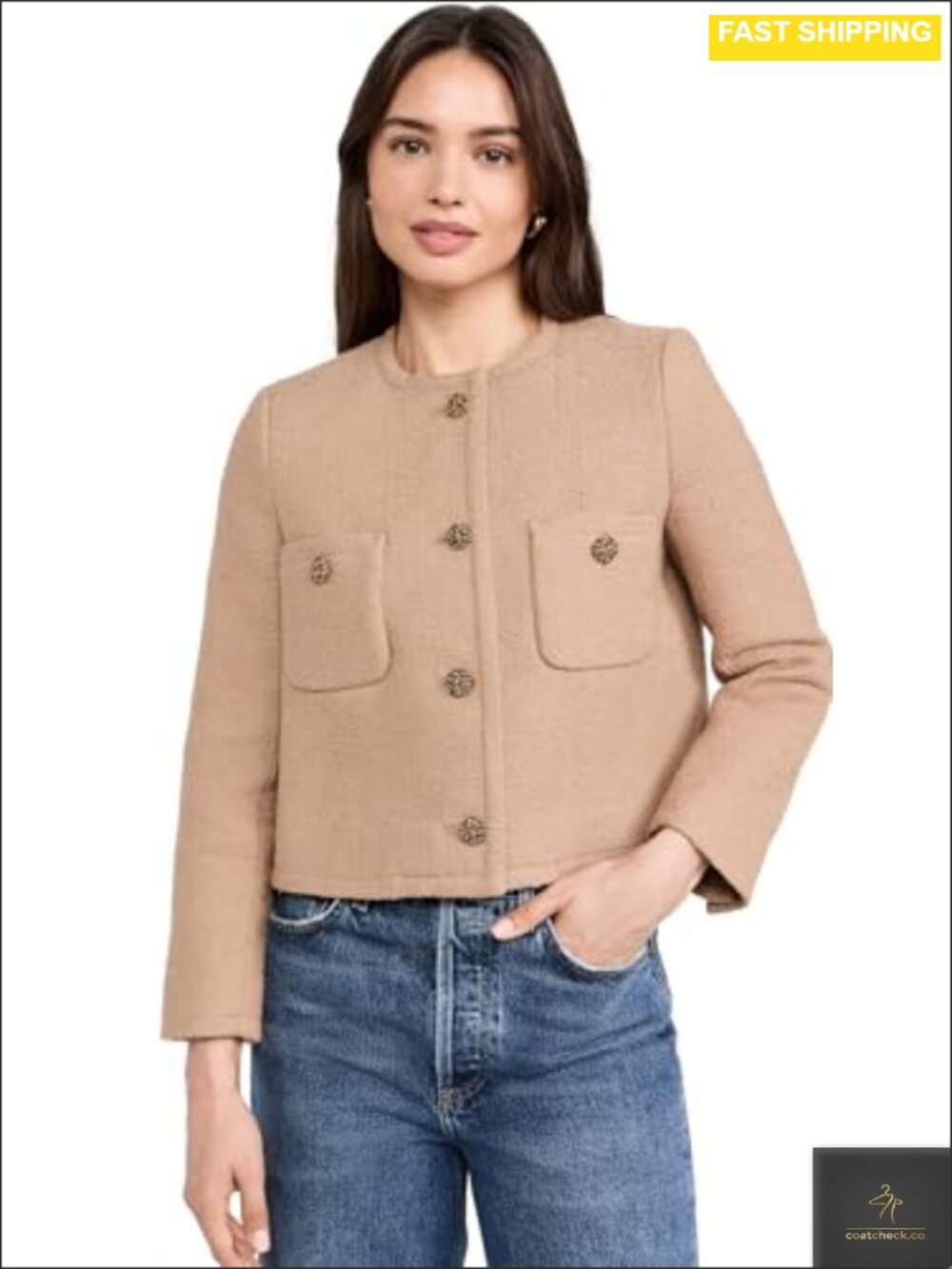 Mid-Weight Non-Stretch Tweed Short Structured Jacket Boxy Fit Peacoat